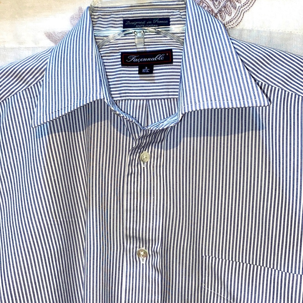MEN FALCONNABLE GINGHAM BLUE/WHITE STRIPED DRESS SHIRT SZ 15 1/2